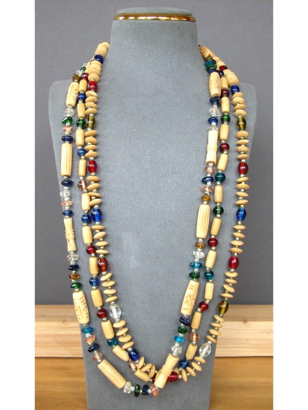 Three Strand Vintage Bovine Bone Bead Necklace with Red Green & Blue Glass - 26"